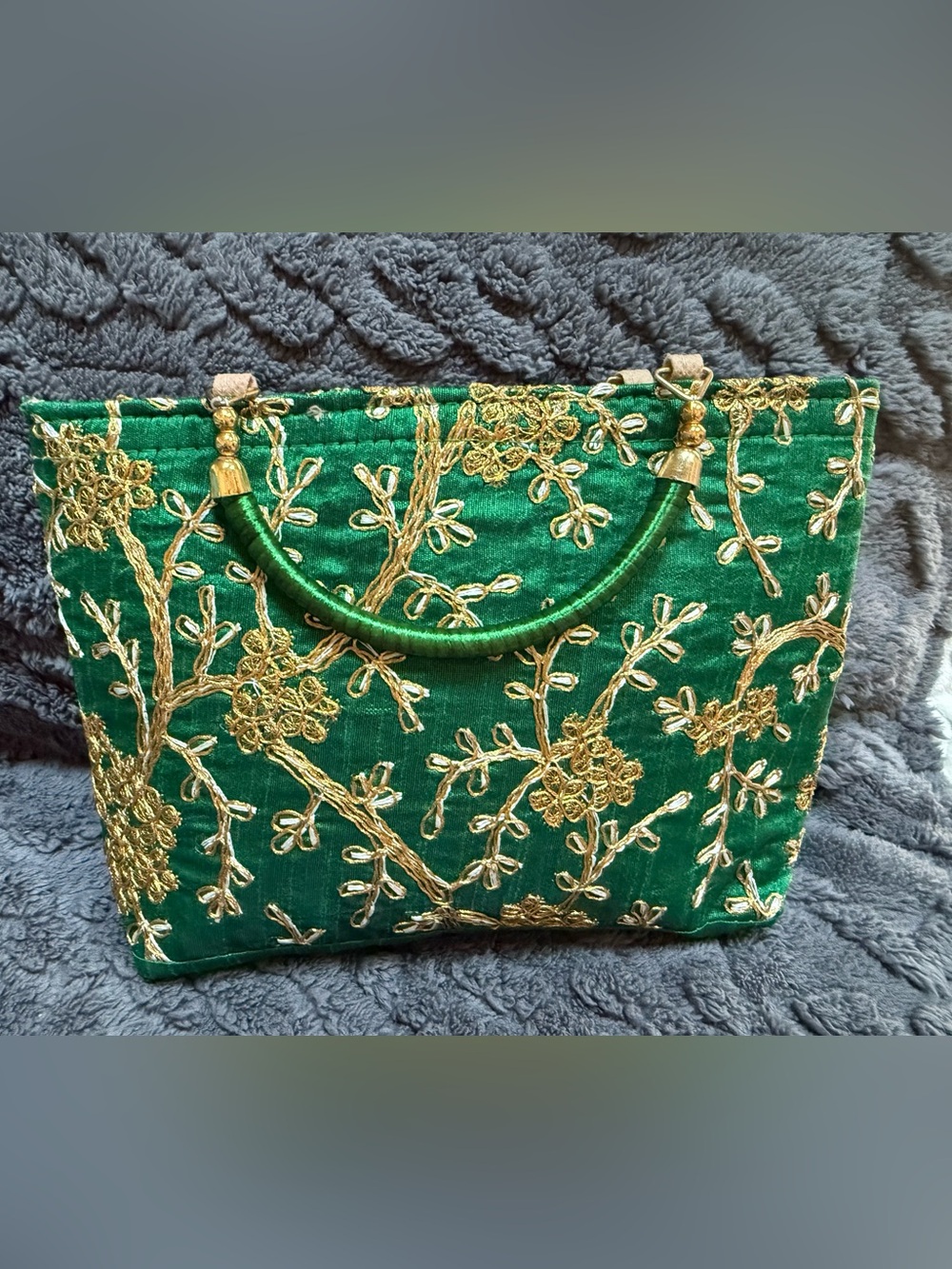 Green Embroidered Evening Bag with Gold Accents 7 x 9”